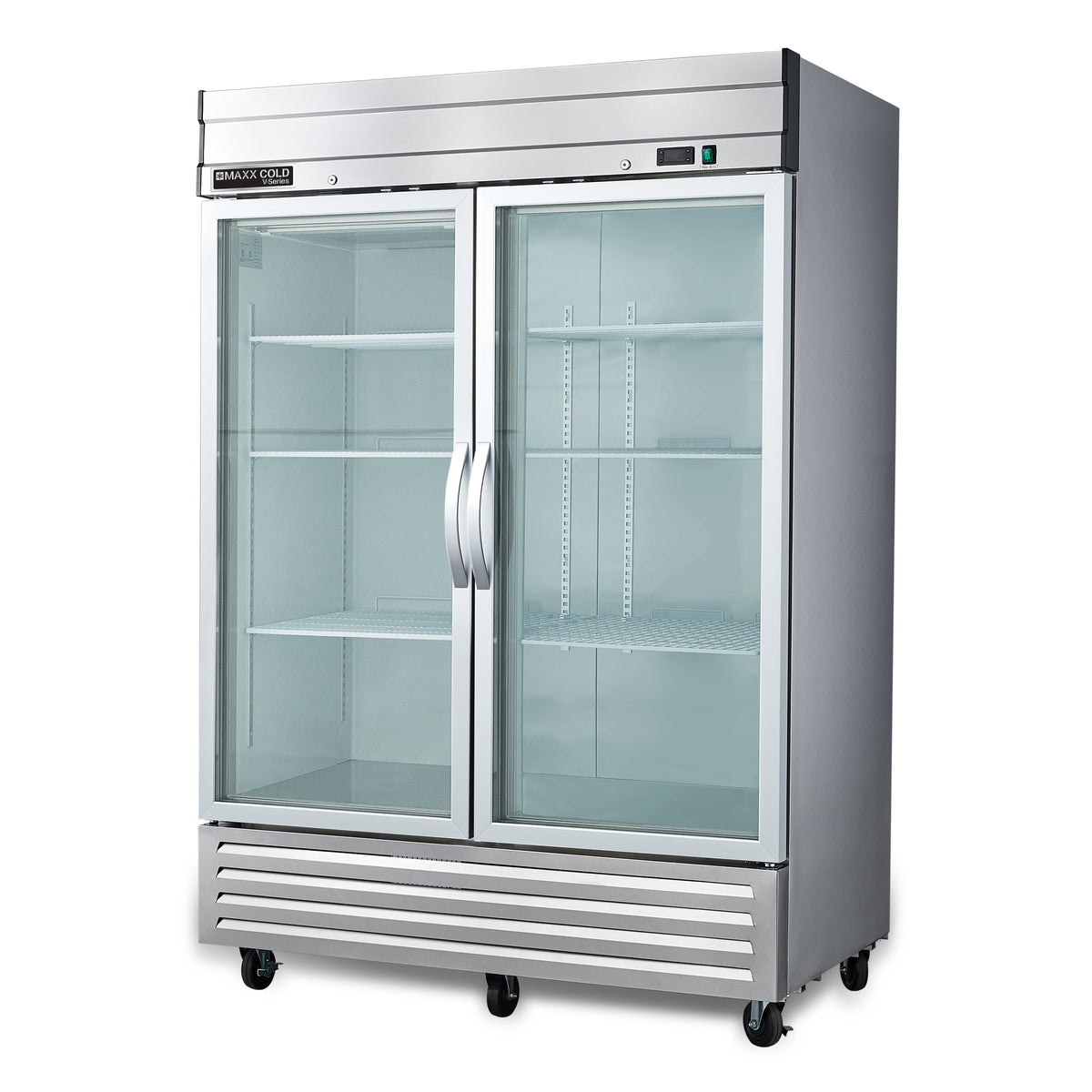 Maxx Cold MVR-49GD V-Series 2 Glass Door Reach-In Refrigerator, Bottom Mount, 54"W, 42 cu. ft. Storage Capacity, in Stainless Steel (MVR-49GDHC)