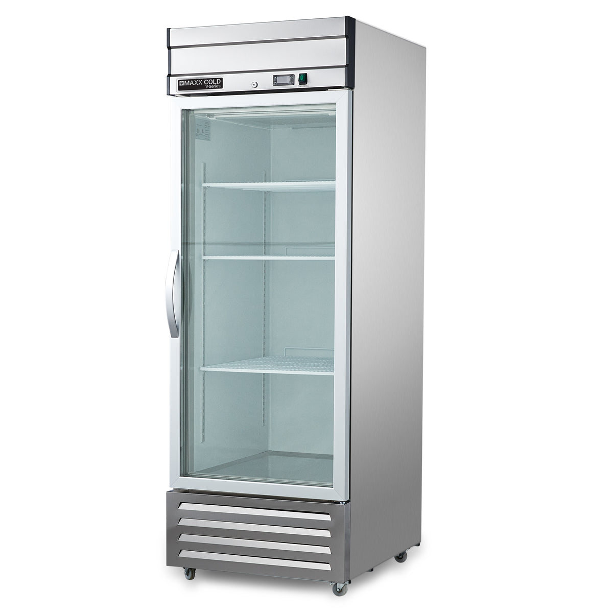 Maxx Cold MVR-23GD V-Series 1 Glass Door Reach-In Refrigerator, Bottom Mount, 27"W, 19 cu. ft. Storage Capacity, in Stainless Steel (MVR-23GDHC)