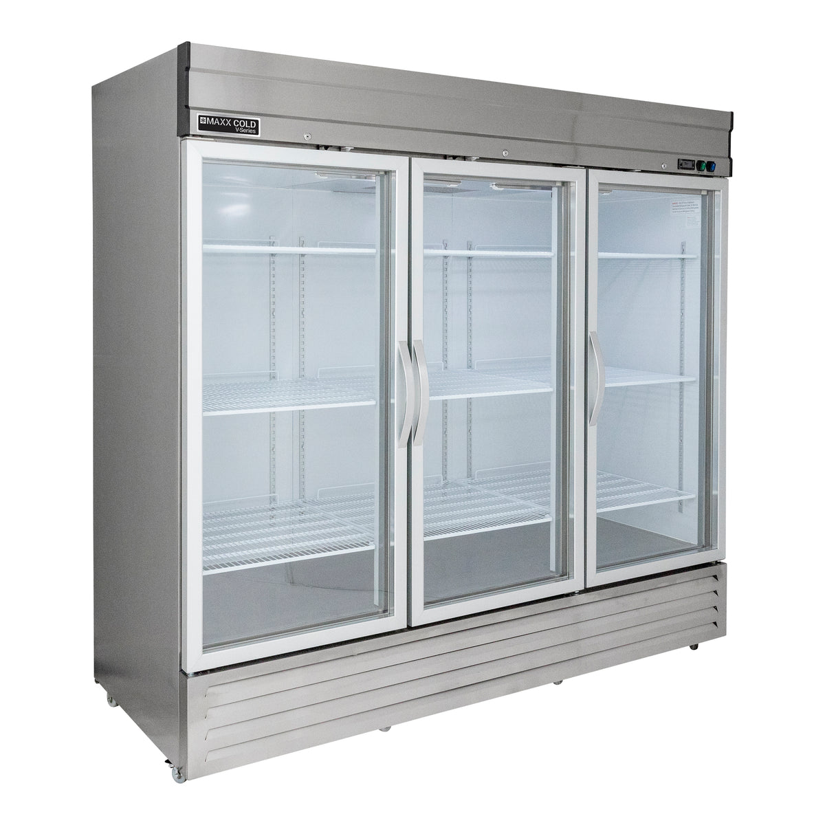 Maxx Cold MVR-72GD V-Series 3 Glass Door Reach-In Refrigerator, Bottom Mount, 81"W, 65 cu. ft. Storage Capacity, in Stainless Steel (MVR-72GDHC)