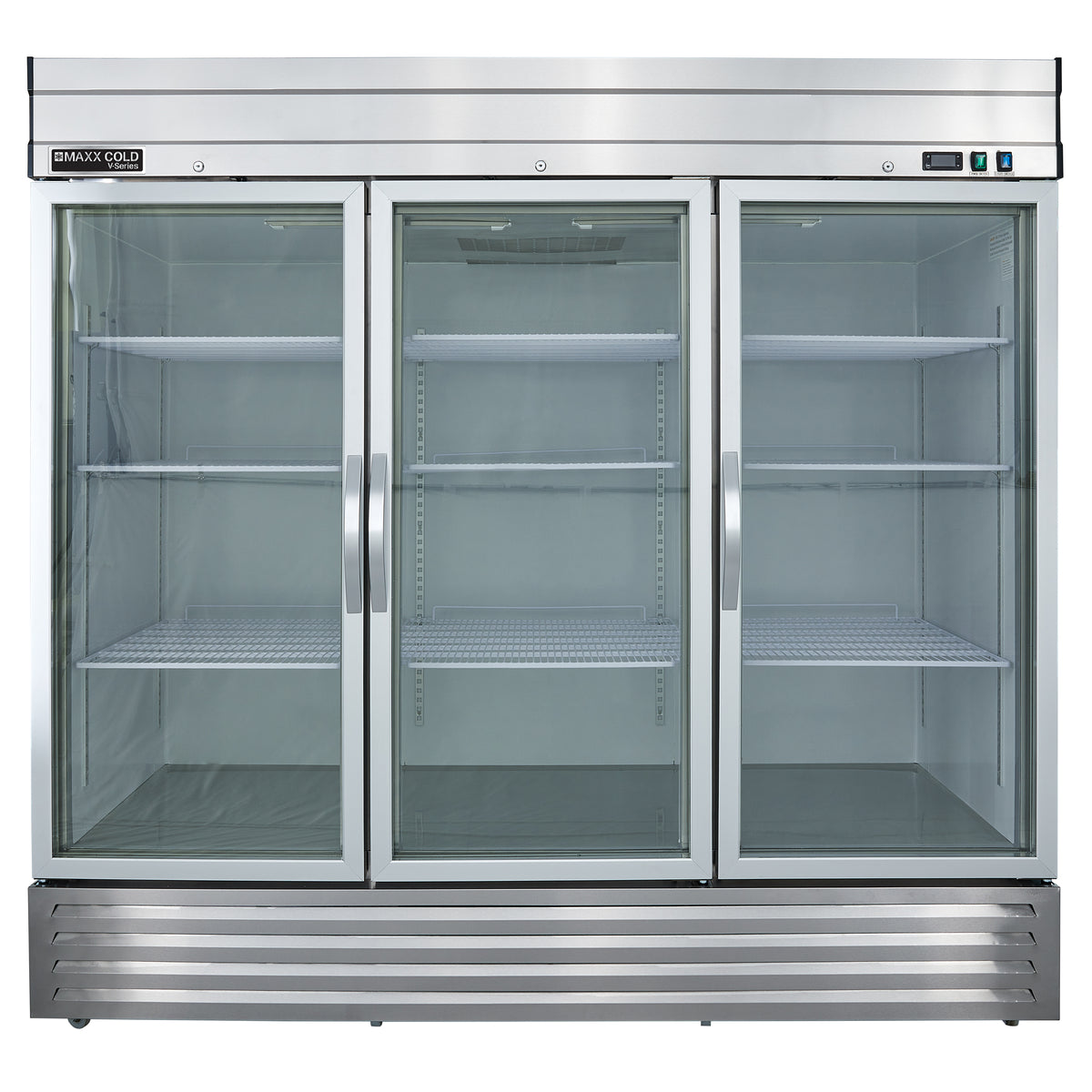 Maxx Cold MVR-72GD V-Series 3 Glass Door Reach-In Refrigerator, Bottom Mount, 81"W, 65 cu. ft. Storage Capacity, in Stainless Steel (MVR-72GDHC)