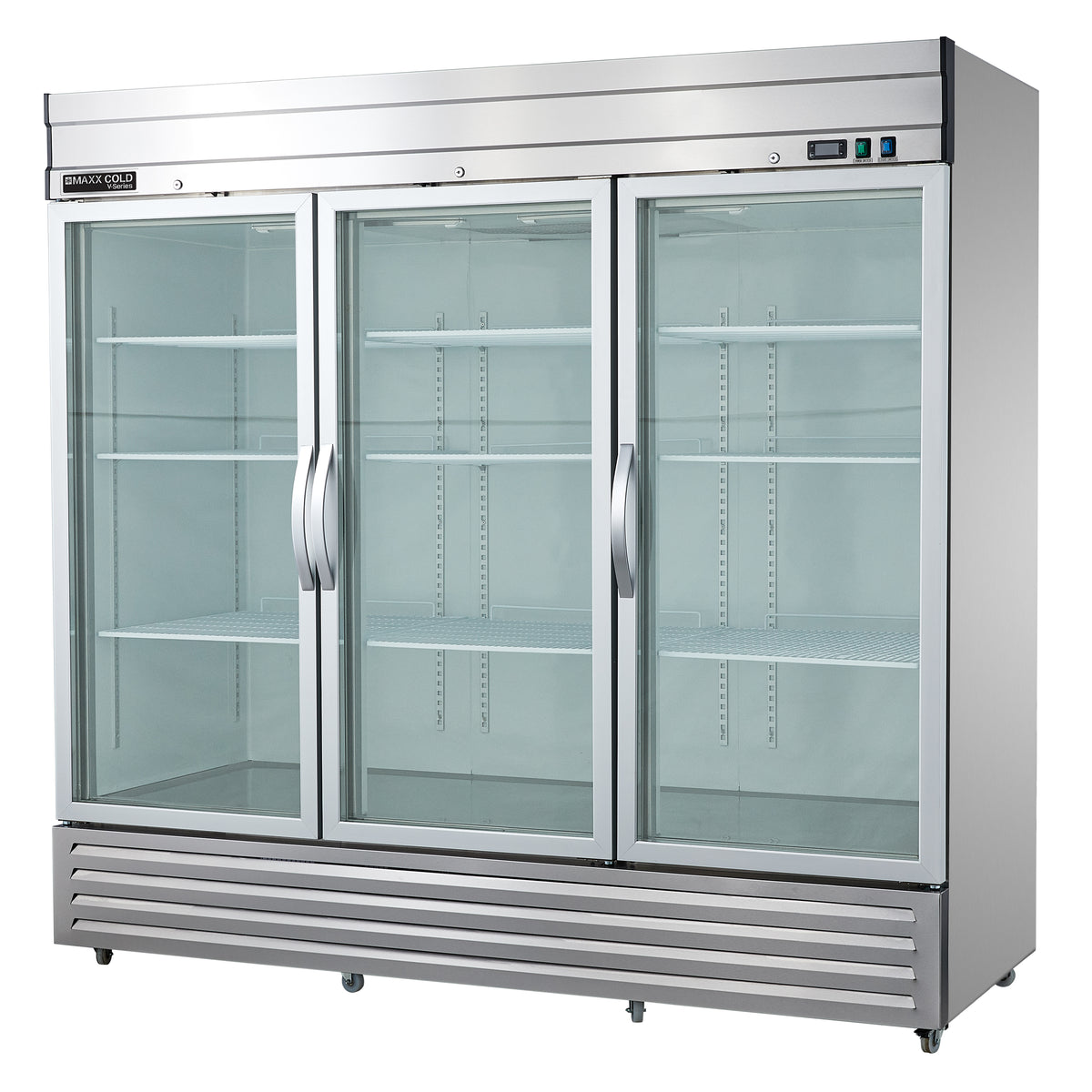 Maxx Cold MVR-72GD V-Series 3 Glass Door Reach-In Refrigerator, Bottom Mount, 81"W, 65 cu. ft. Storage Capacity, in Stainless Steel (MVR-72GDHC)
