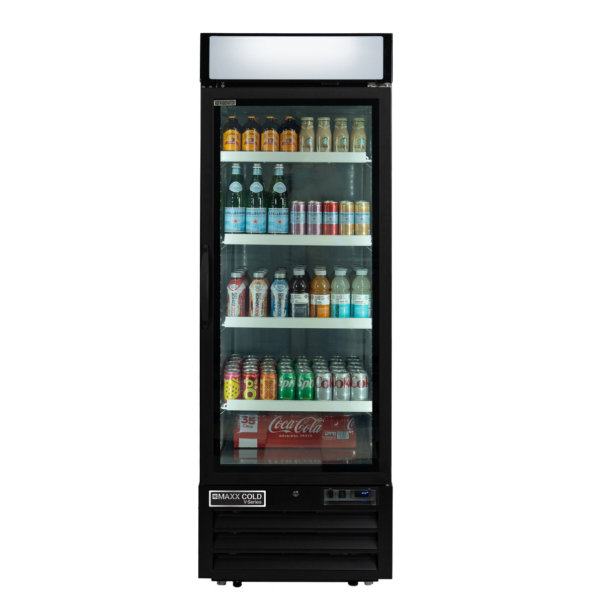Maxx Cold MVMR23 V-Series Single Glass Door Merchandiser Refrigerator, 27"W, 23 cu. ft. Storage Capacity, in Black (MVMR23B)