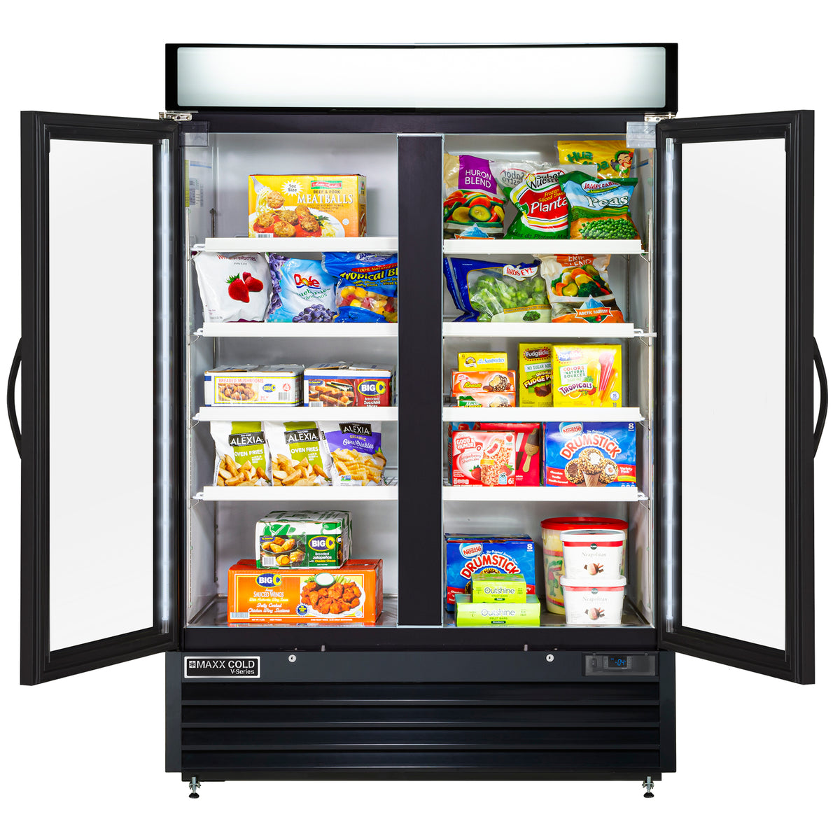 Maxx Cold MVMF48 V-Series Double Glass Door Ice Merchandiser Freezer, 54"W, 48 cu. ft. Capacity, in Black (MVMF48B)