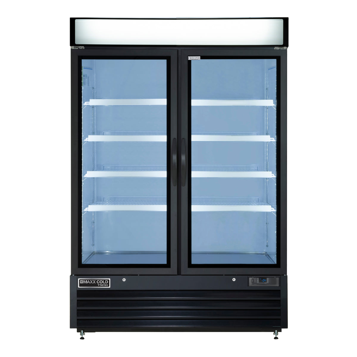 Maxx Cold MVMF48 V-Series Double Glass Door Ice Merchandiser Freezer, 54"W, 48 cu. ft. Capacity, in Black (MVMF48B)