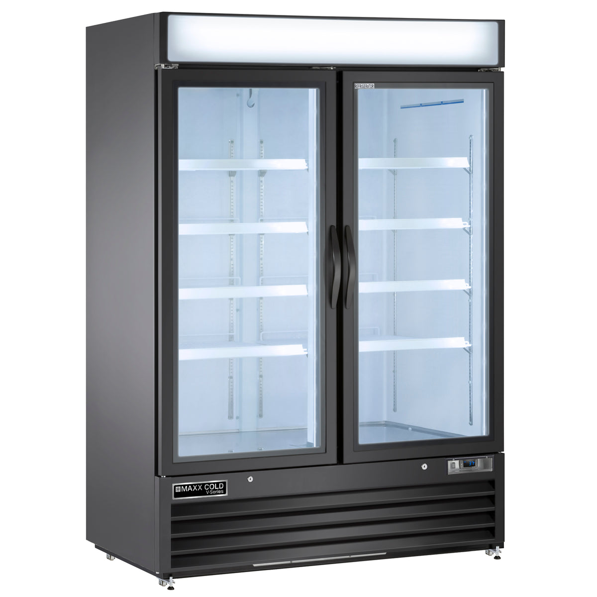 Maxx Cold MVMR48 V-Series Double Glass Door Merchandiser Refrigerator, 54"W, 48 cu. ft. Storage Capacity, in Black (MVMR48B)