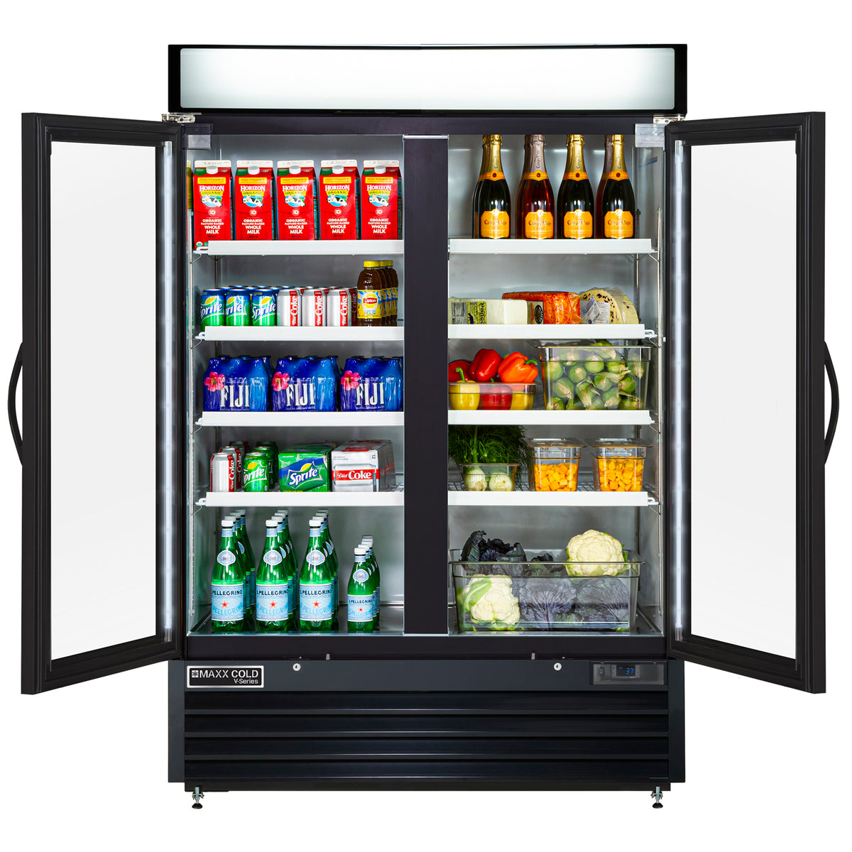 Maxx Cold MVMR48 V-Series Double Glass Door Merchandiser Refrigerator, 54"W, 48 cu. ft. Storage Capacity, in Black (MVMR48B)