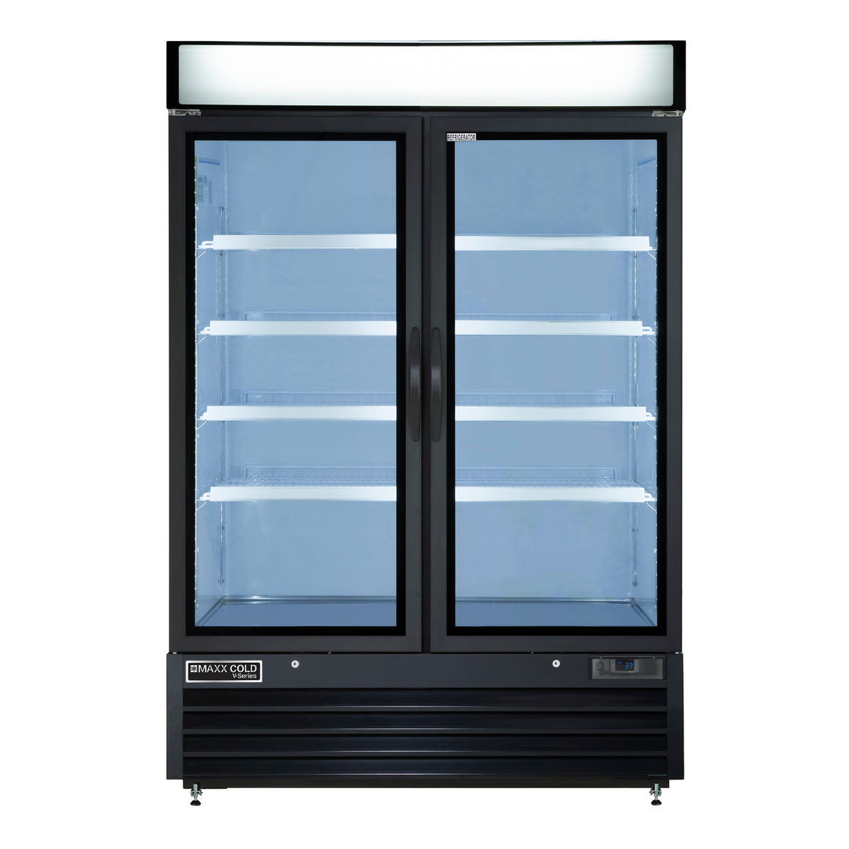 Maxx Cold MVMR48 V-Series Double Glass Door Merchandiser Refrigerator, 54"W, 48 cu. ft. Storage Capacity, in Black (MVMR48B)