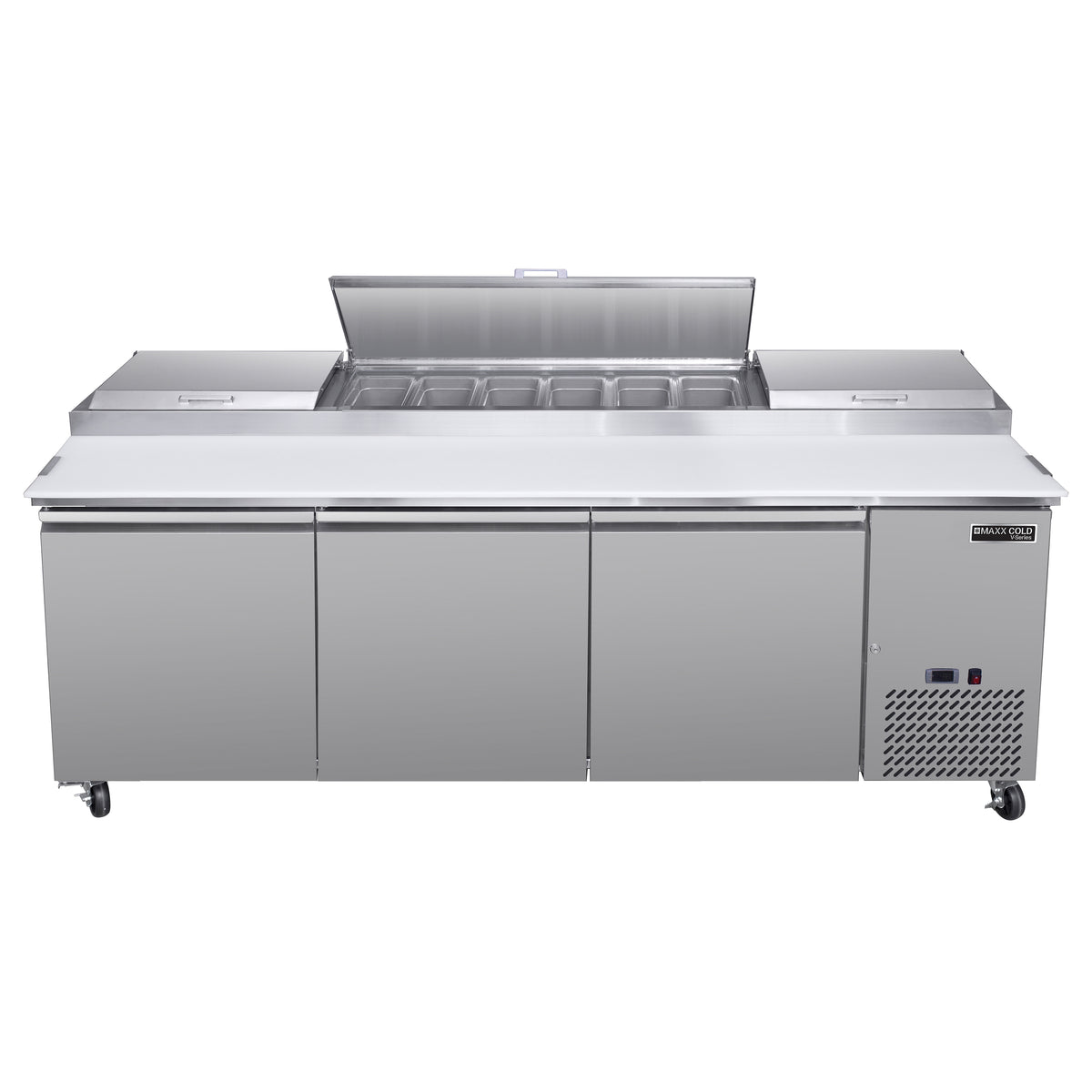 Maxx Cold MVPP92HC V-Series 3 Door Refrigerated Pizza Prep Table, 92"W, 30.8 cu ft, in Stainless Steel