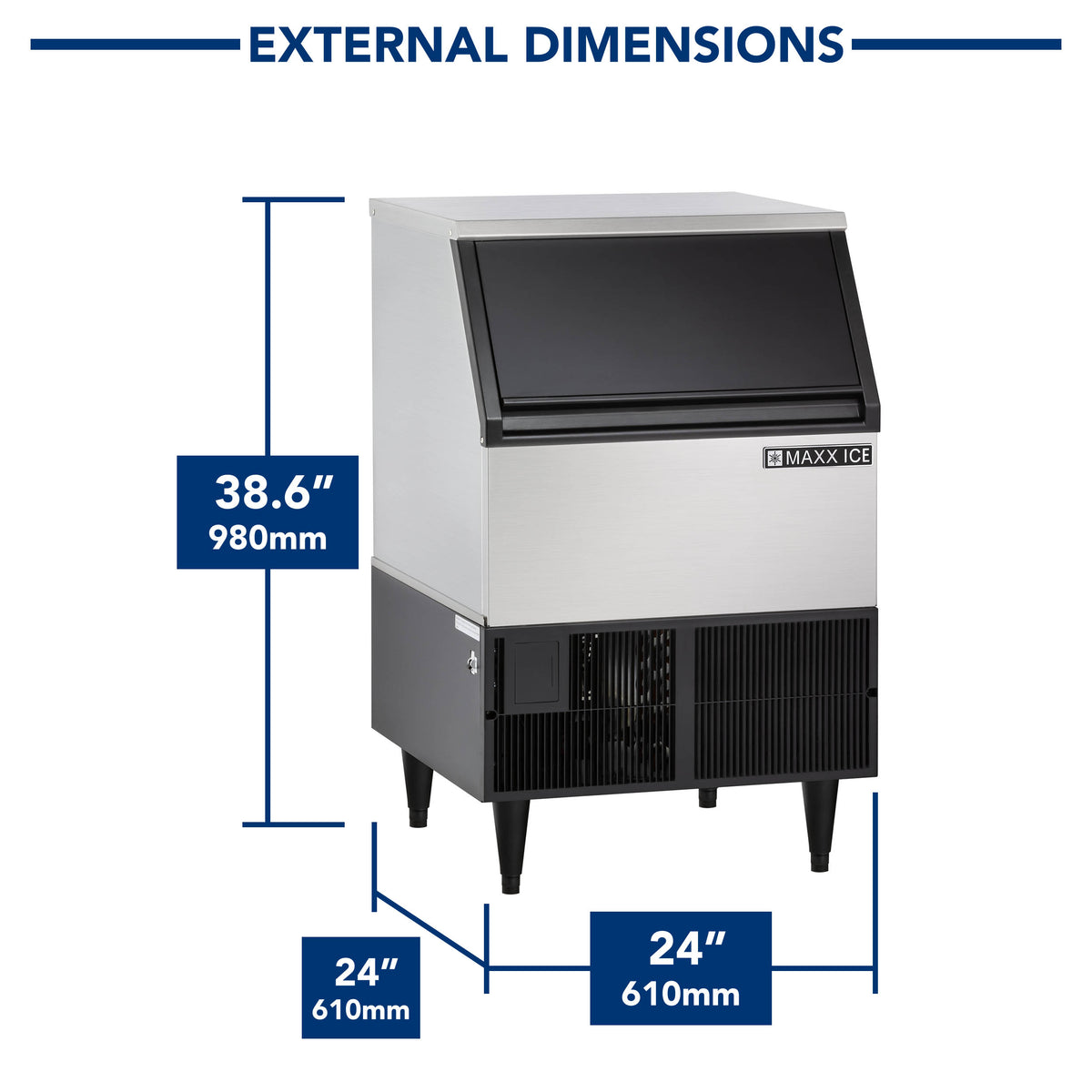 Maxx Ice MIM250 Self-Contained Ice Machine, 260 lbs, Full Dice Ice Cubes, with 75 lb Built-in Ice Storage Bin, in Stainless Steel with Black Trim