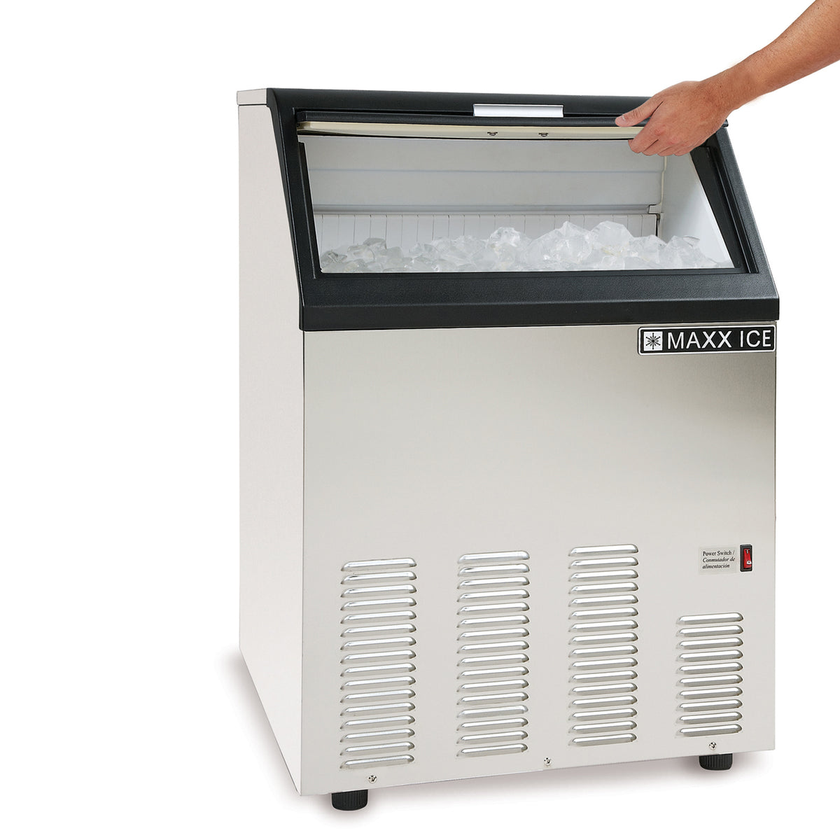 Maxx Ice MIM130 Self-Contained Ice Machine, 130 lbs, Bullet Ice Cubes, with 35 lb Built-in Ice Storage Bin, in Stainless Steel with Black Trim