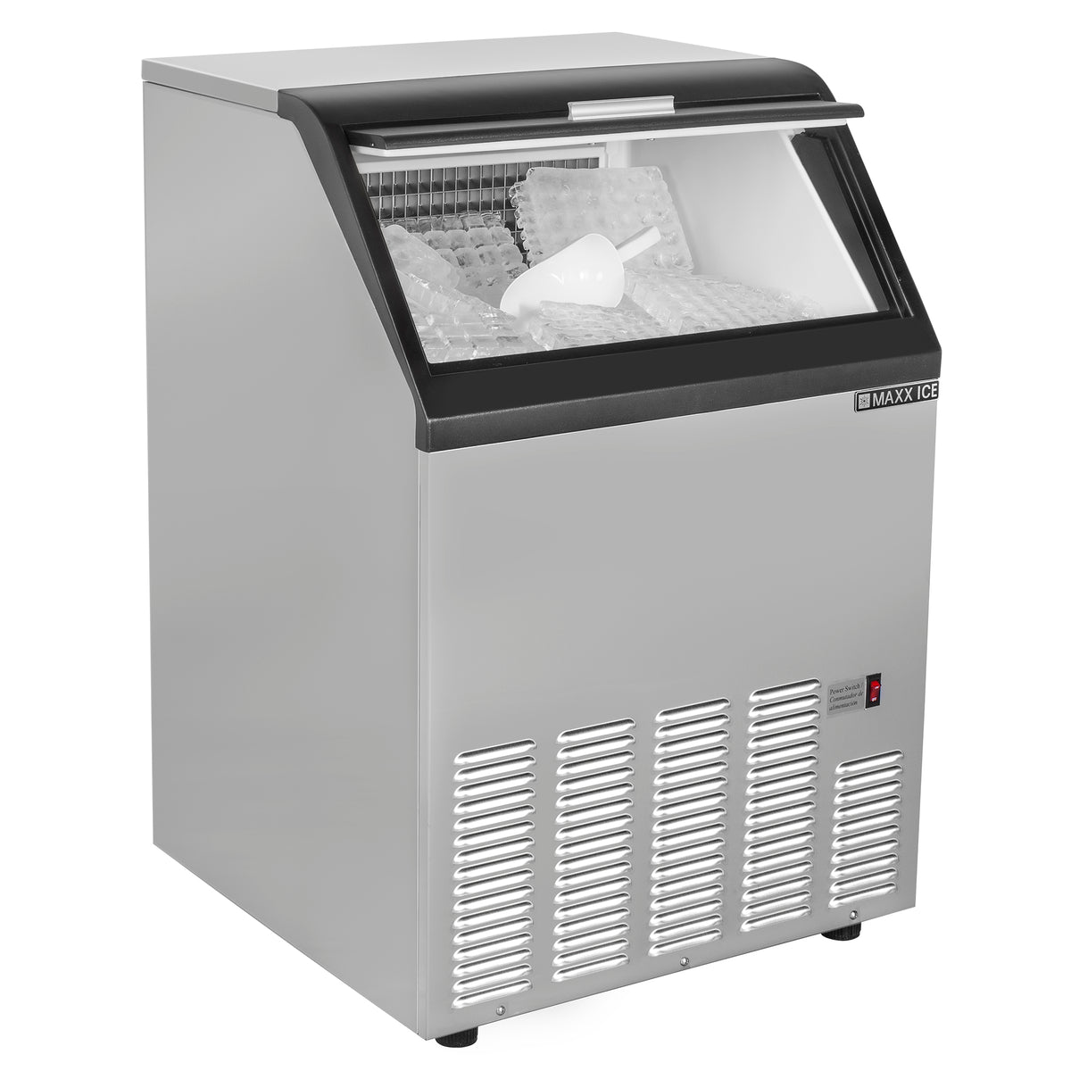 Maxx Ice MIM125H Self-Contained Ice Machine, 125 lbs, Half Dice Ice Cubes, with 35 lb Built-in Ice Storage Bin, in Stainless Steel with Black Trim