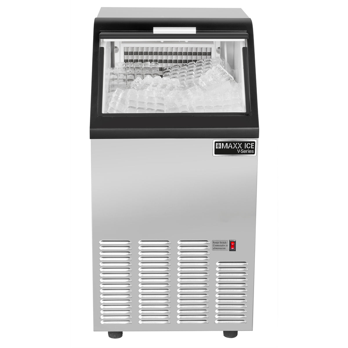Maxx Ice MVI75 V-Series Self-Contained Ice Machine, 75 lbs, Bullet Ice Cubes, 25 lb Built-in Ice Storage Bin, Stainless Steel with Black Trim (MVI75F)