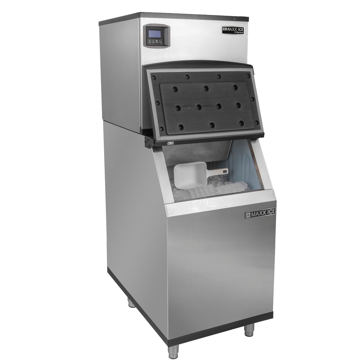 Maxx Ice MVI350 V-Series Modular Ice Machine, 22"W, 373 lb, Full Dice Ice Cubes, and Storage Bin, 22"W, 310 lb, in Stainless Steel (MVI350FB)