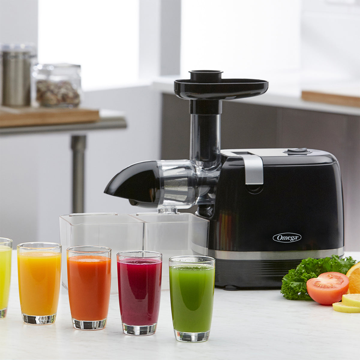 Omega H3000 Cold Press 365 Compact Masticating Horizontal Juicer, 150W Low-Speed 3-Stage Auger, in Black (H3000R)