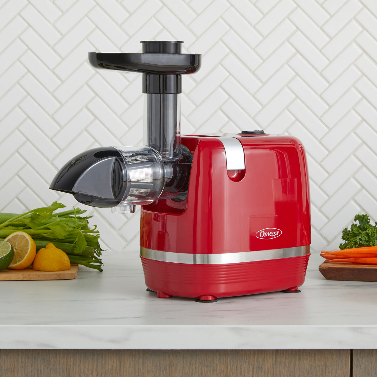 Omega H3000 Cold Press 365 Compact Masticating Horizontal Juicer, 150W Low-Speed 3-Stage Auger, in Red (H3000RED)