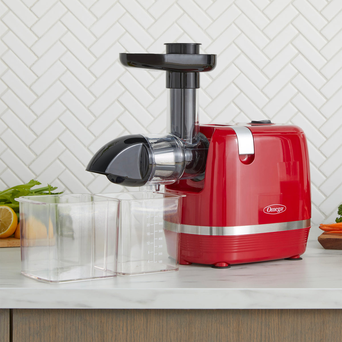 Omega H3000 Cold Press 365 Compact Masticating Horizontal Juicer, 150W Low-Speed 3-Stage Auger, in Red (H3000RED)