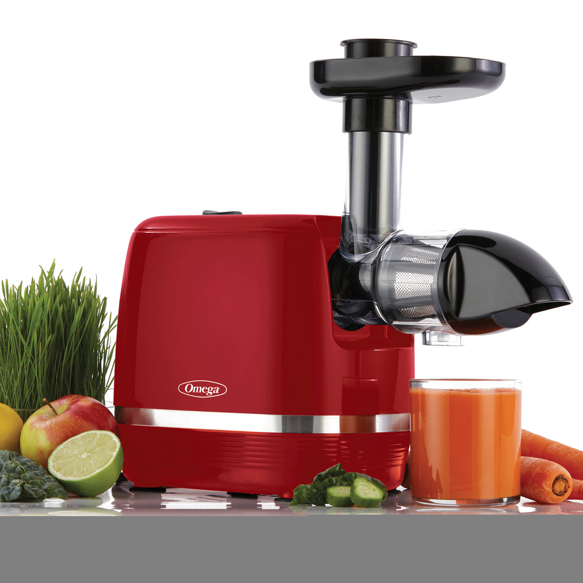 Omega H3000 Cold Press 365 Compact Masticating Horizontal Juicer, 150W Low-Speed 3-Stage Auger, in Red (H3000RED)