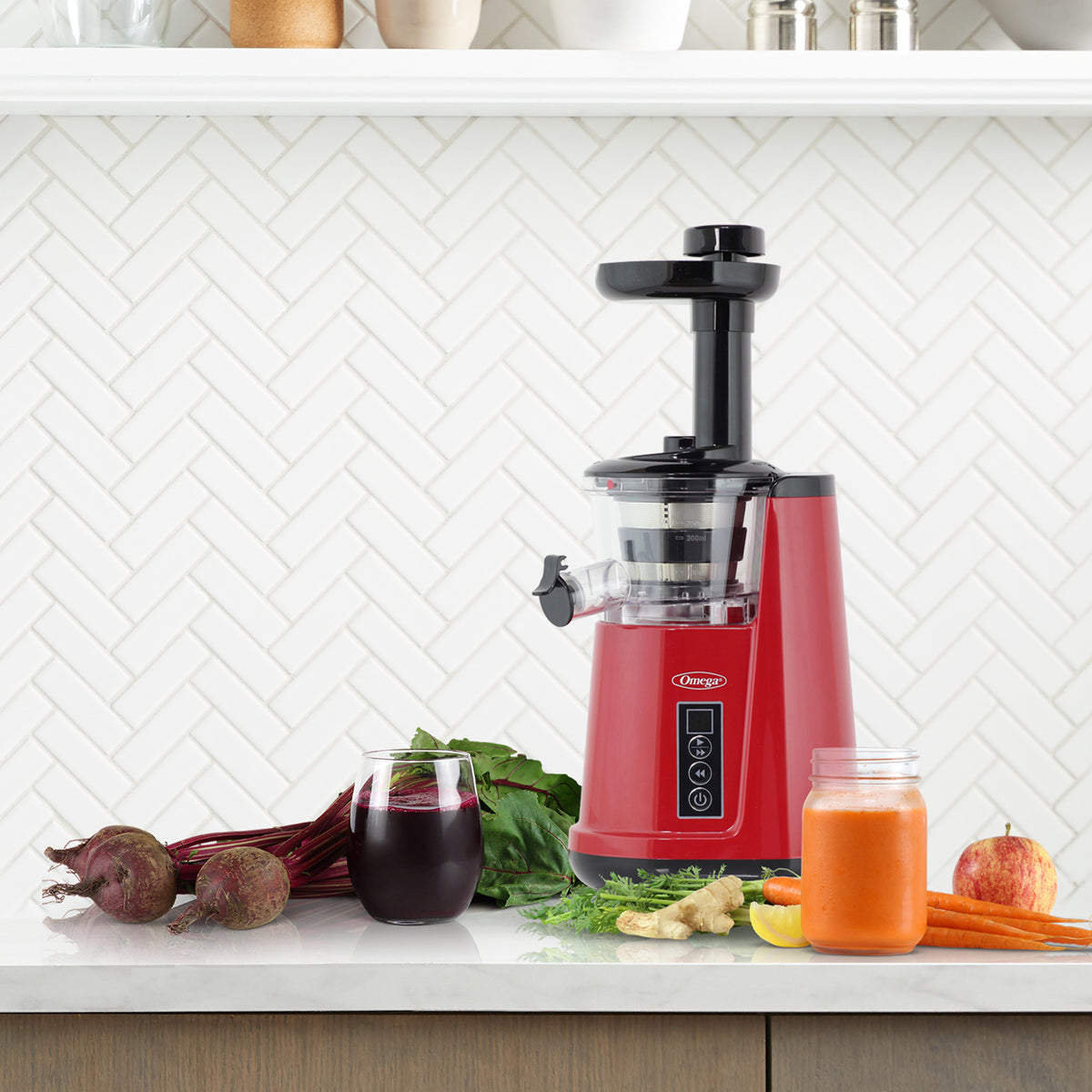 Omega JC3000 Cold Press 365 Compact Masticating Vertical Juicer, 120W Low-Speed 3-Stage Auger, in Red (JC3000RD13)