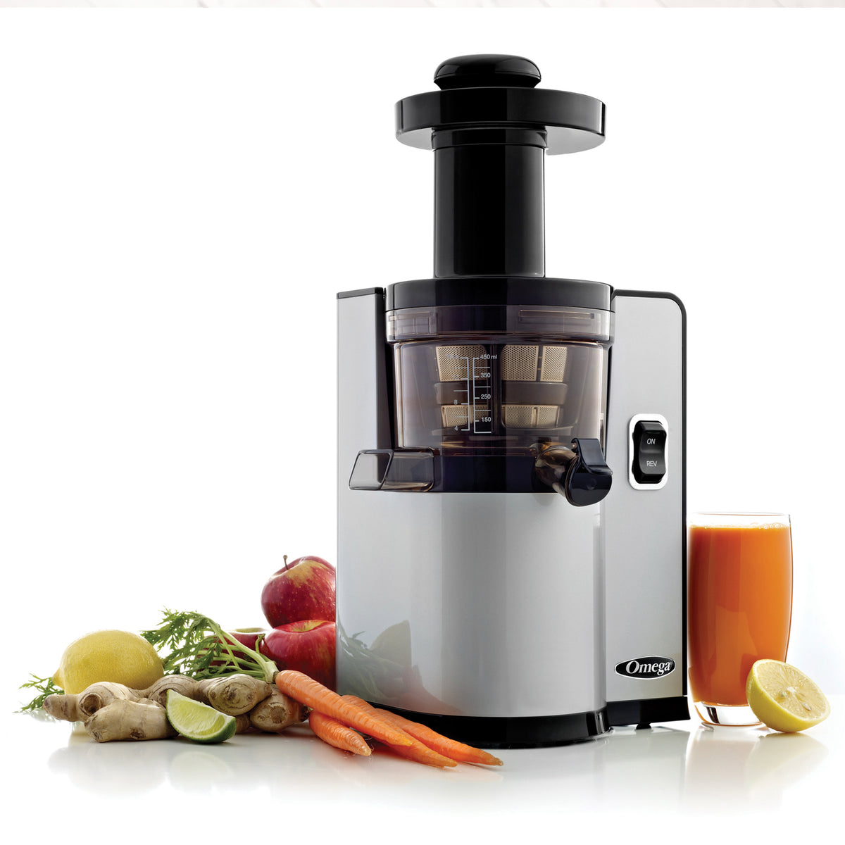 Omega VSJ843Q Cold Press Masticating Vegetable and Fruit Extractor, Vertical Low-Speed Juicer, in Silver (VSJ843QS)