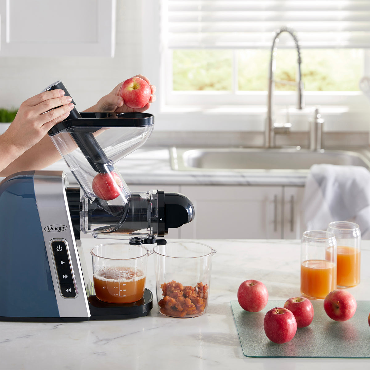 Omega MM400 Medical Medium 200W Blue BPA Free Slow Masticating Juicer with Wide Mouth Chute for Less Prep