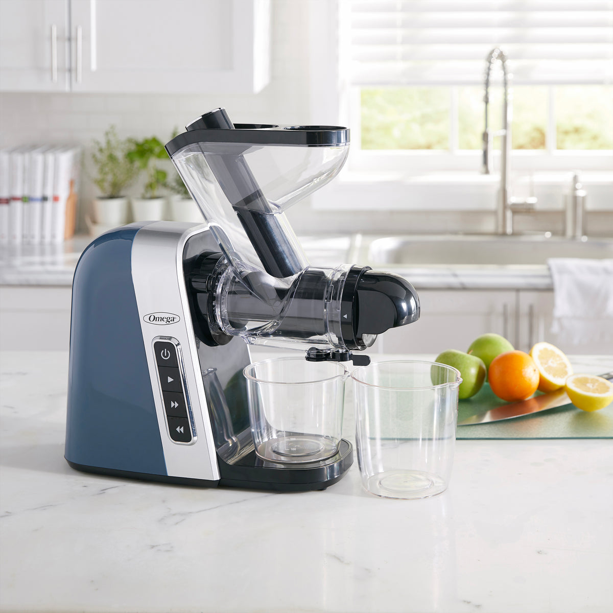 Omega MM400 Medical Medium 200W Blue BPA Free Slow Masticating Juicer with Wide Mouth Chute for Less Prep