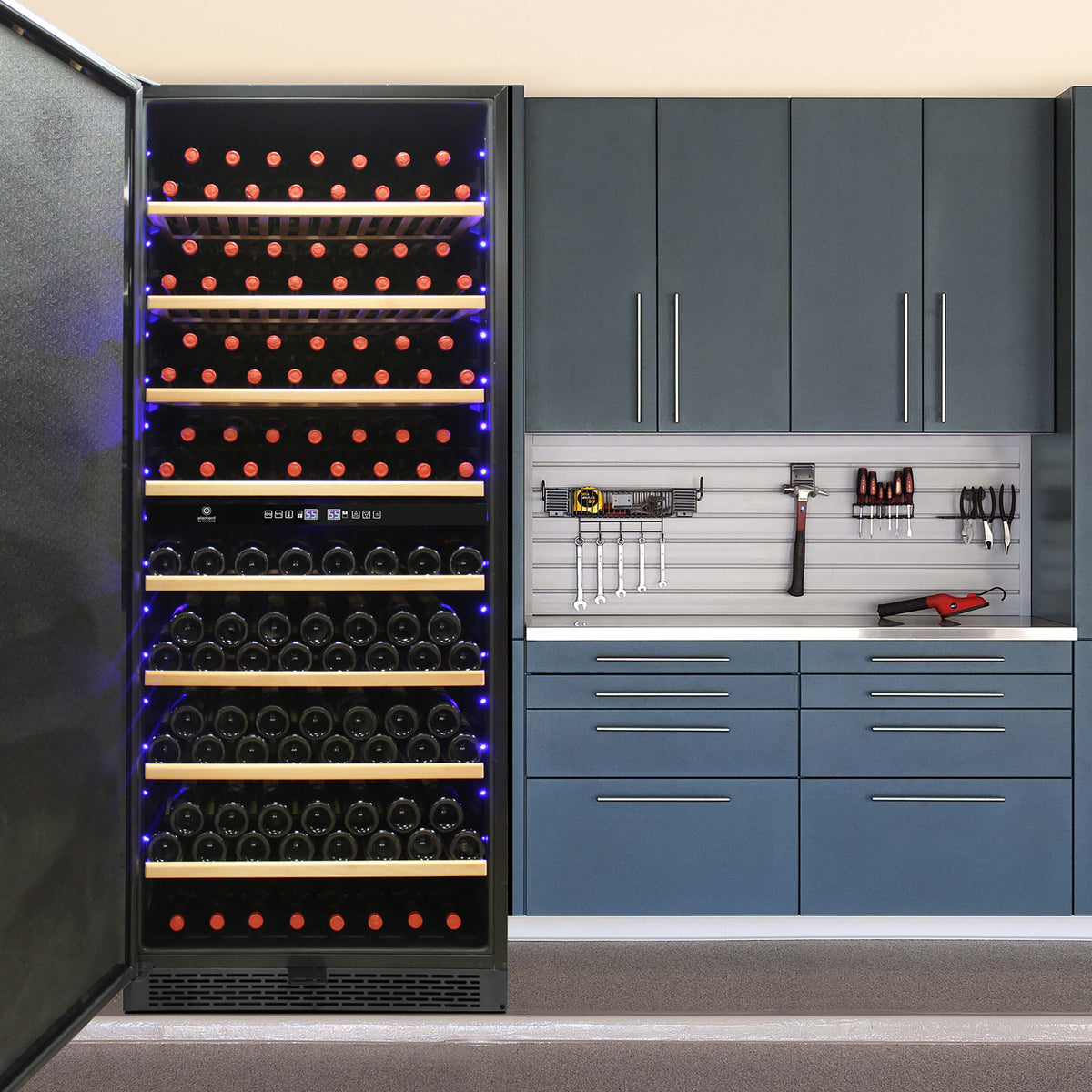 Vinotemp EL-300GFEB Garage Dual-Zone Large Capacity Wine Cooler, Left Hinge, 300 Bottle Capacity, in Black (EL-300GFEB-L)