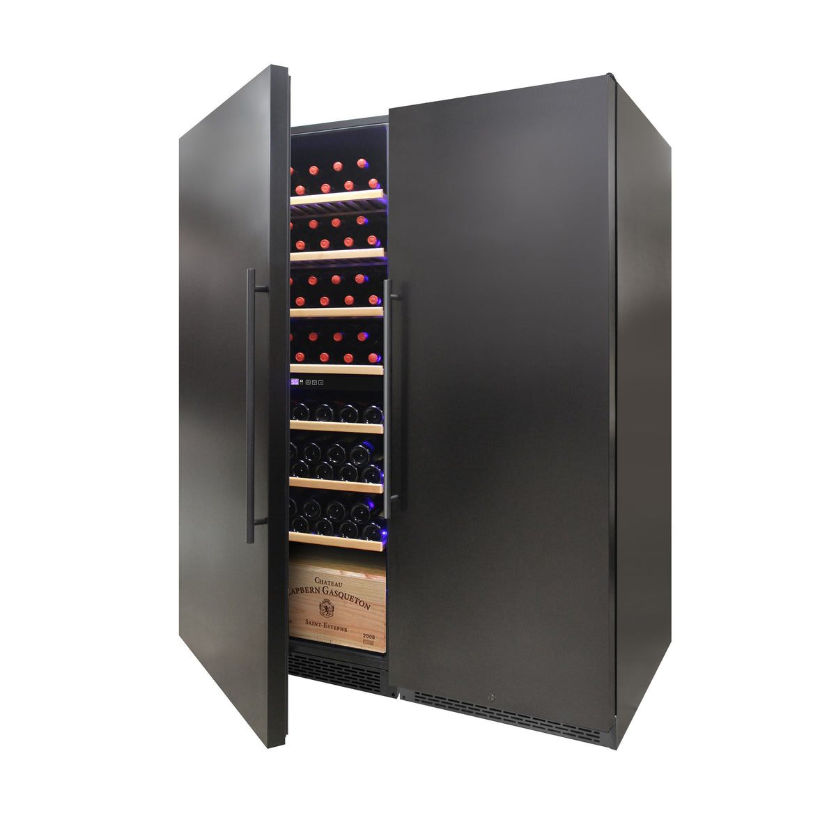 Vinotemp EL-300GFEB Garage Dual-Zone Large Capacity Wine Cooler, Left Hinge, 300 Bottle Capacity, in Black (EL-300GFEB-L)