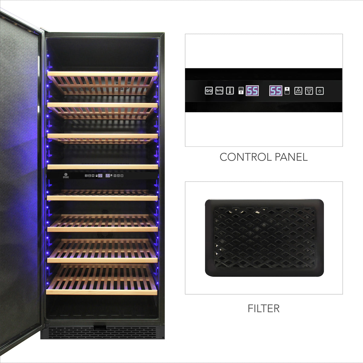 Vinotemp EL-300GFEB Garage Dual-Zone Large Capacity Wine Cooler, Left Hinge, 300 Bottle Capacity, in Black (EL-300GFEB-L)