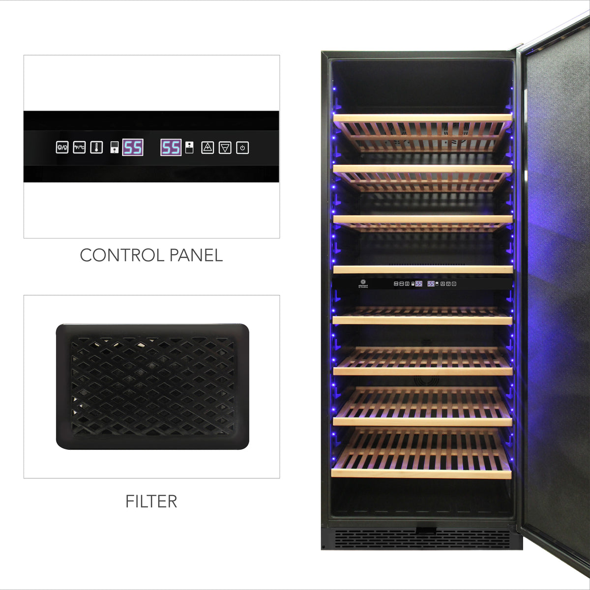 Vinotemp EL-300GFEB Garage Dual-Zone Large Capacity Wine Cooler, 300 Bottle Capacity, in Black