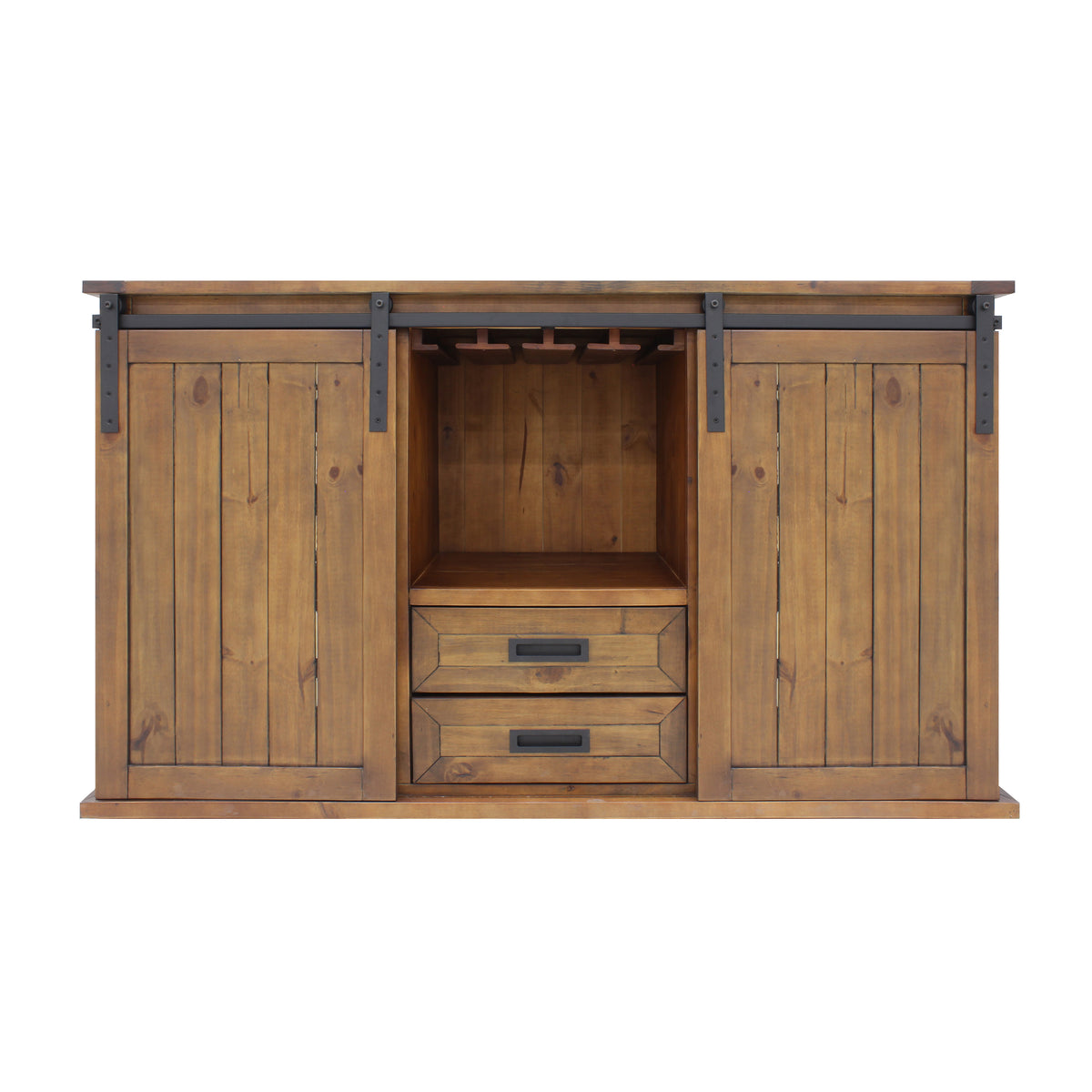 Vinotemp VT-RUSTICRED3D Rustic Wood Wine Cellar Credenza with Sliding Barn Doors, 65" x 38", in Golden Oak