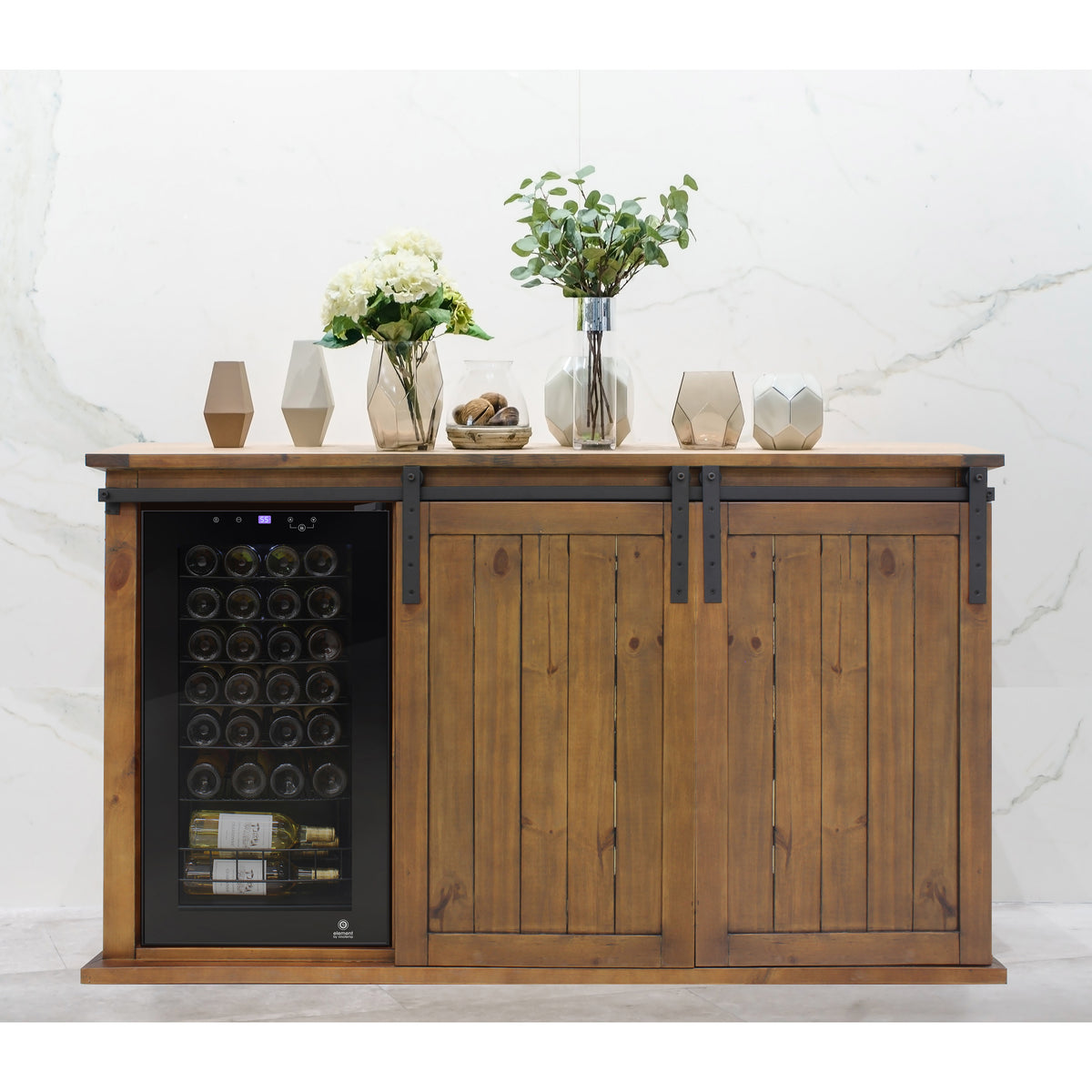 Vinotemp VT-RUSTICRED3D Rustic Wood Wine Cellar Credenza with Sliding Barn Doors, 65" x 38", in Golden Oak