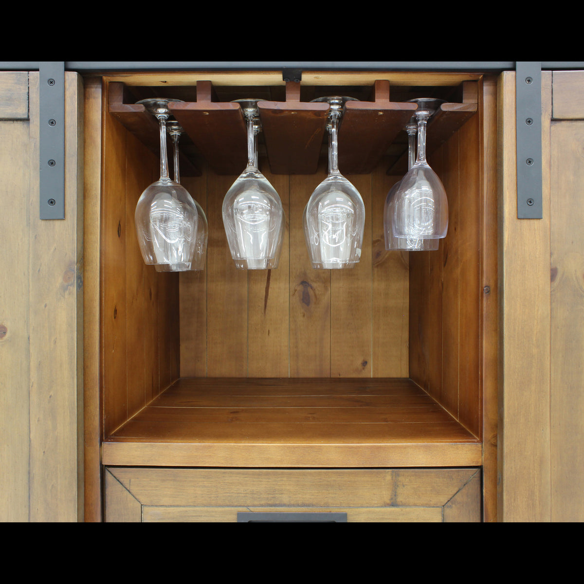 Vinotemp VT-RUSTICRED3D Rustic Wood Wine Cellar Credenza with Sliding Barn Doors, 65" x 38", in Golden Oak