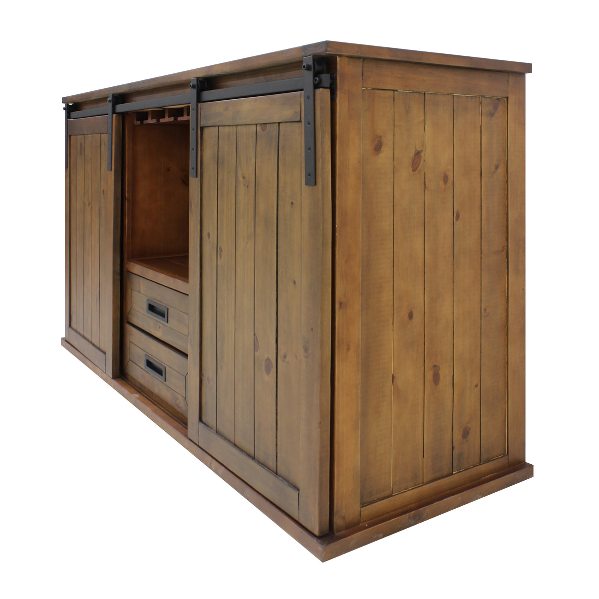 Vinotemp VT-RUSTICRED3D Rustic Wood Wine Cellar Credenza with Sliding Barn Doors, 65" x 38", in Golden Oak