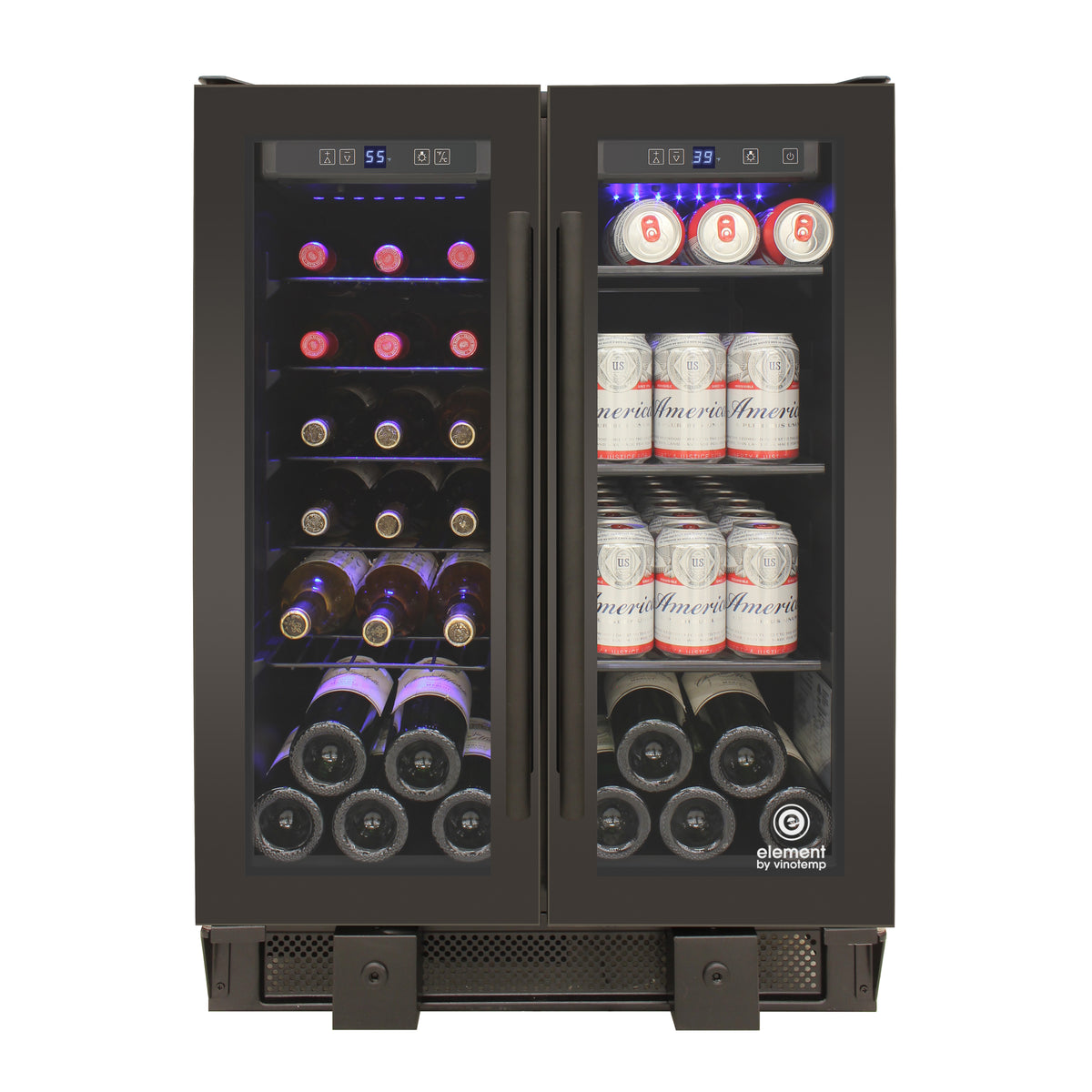 Vinotemp EL-BWC102 Butler Series Touch Screen Wine and Beverage Cooler with French Doors, 24 Bottle and 58 12 oz Can Capacity, in Black (EL-BWC102-02)