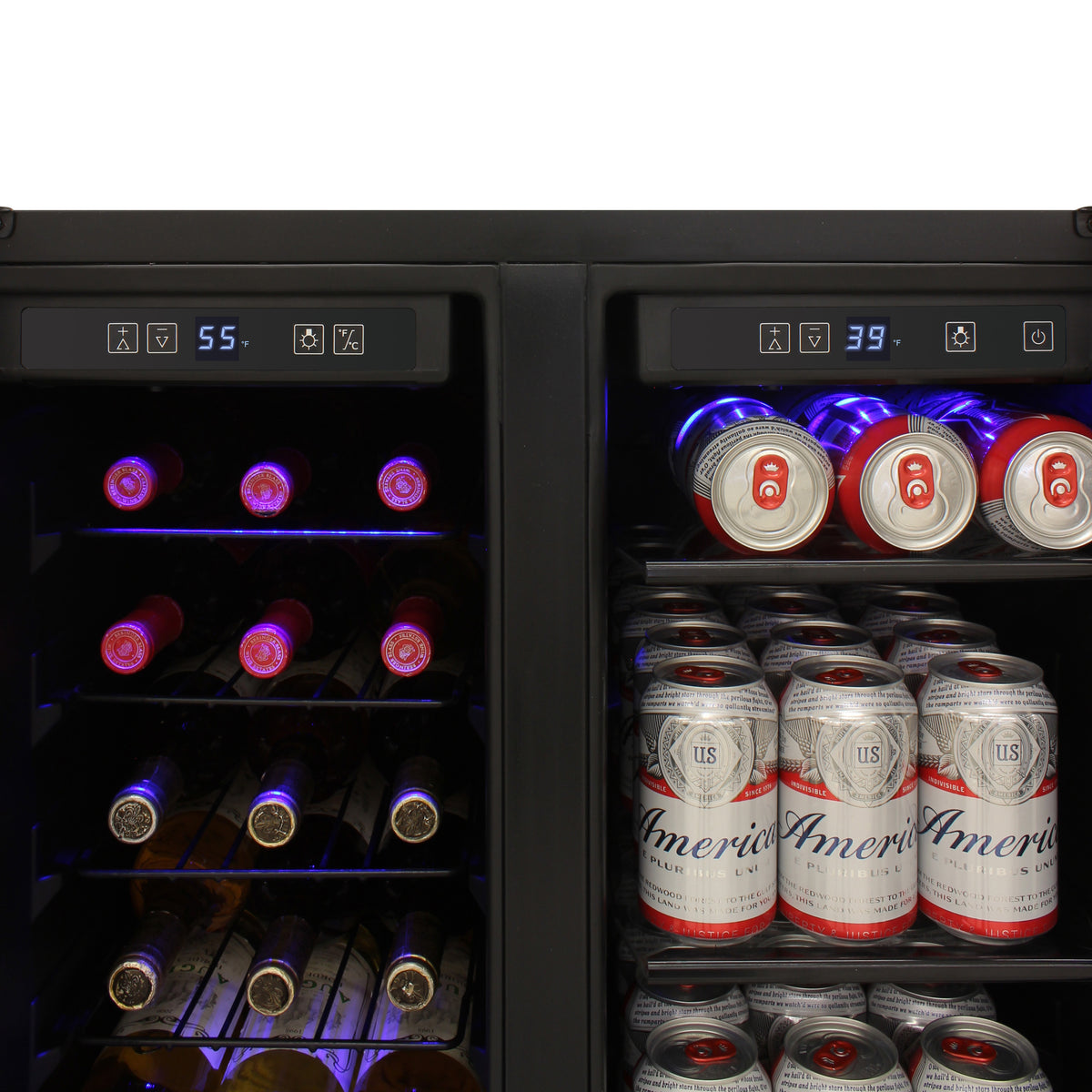 Vinotemp EL-BWC102 Butler Series Touch Screen Wine and Beverage Cooler with French Doors, 24 Bottle and 58 12 oz Can Capacity, in Black (EL-BWC102-02)