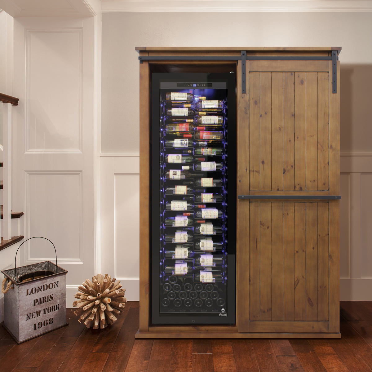 Vinotemp VT-RUSTICAB2D Rustic Wood Wine Cellar Cabinet with Sliding Barn Door, 60" x 81", in Golden Oak