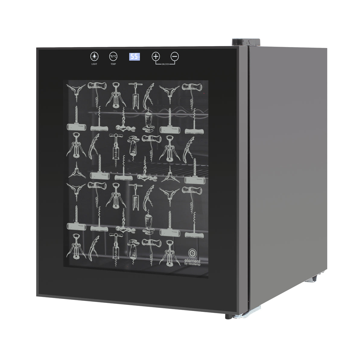 Vinotemp EL-15TSCS Eco Series Freestanding Single-Zone Wine Cooler with Corkscrew Design Glass Door, 15 Bottle Capacity, in Black