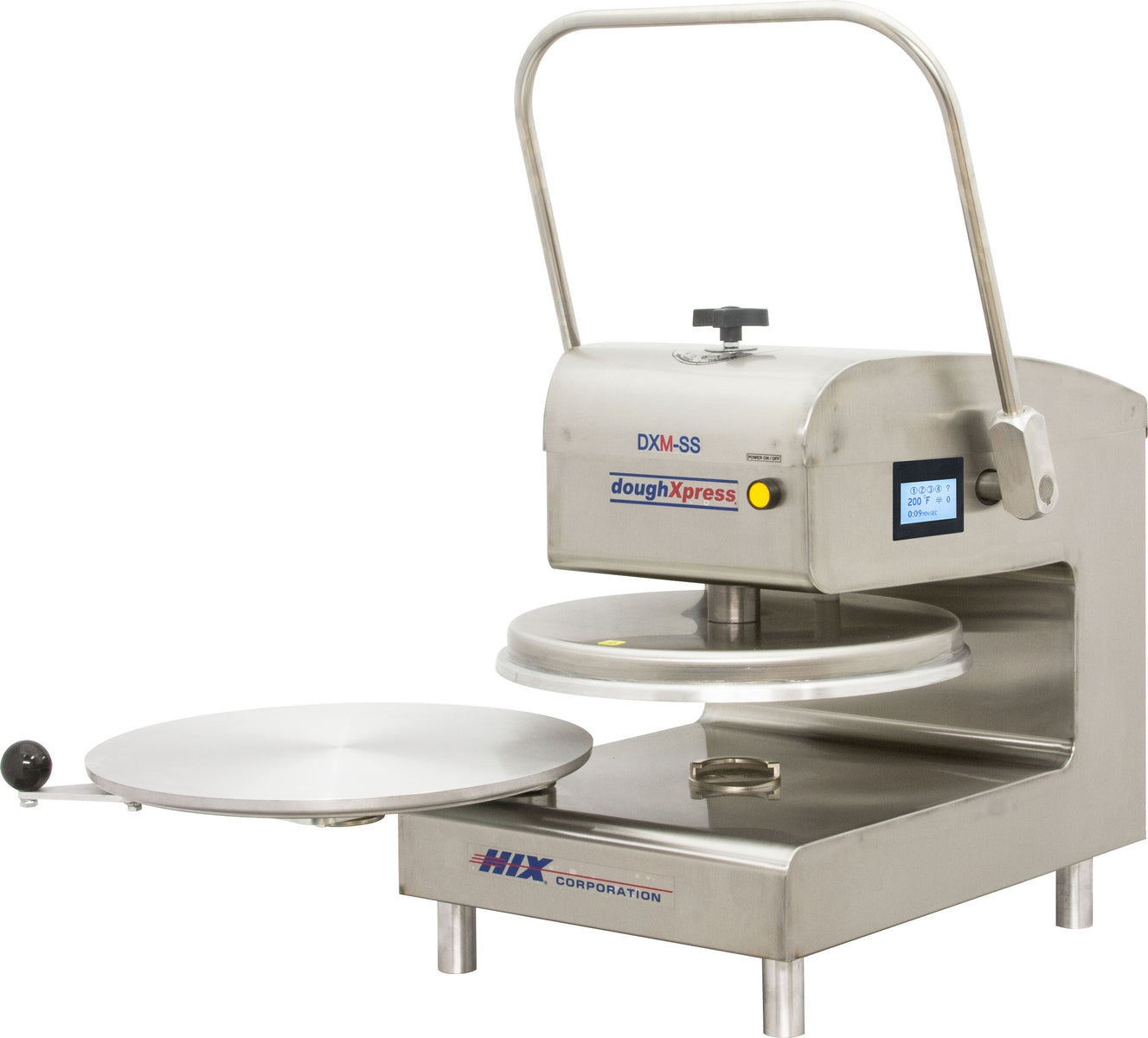 DoughXpress DXM-SS 18" Manual Pizza Dough Press, Heated Upper Platen, Stainless Steel, Interchangeable Platen Compatible