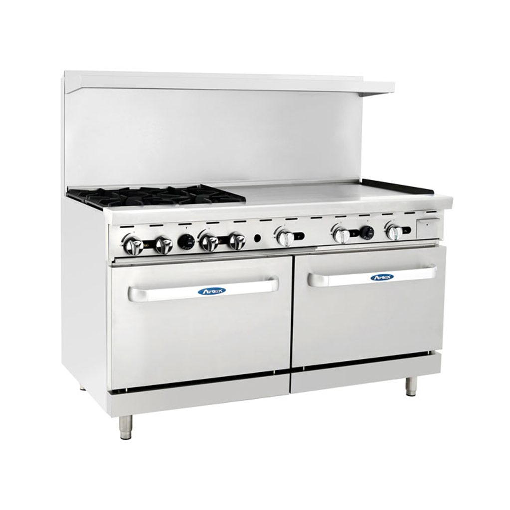 Atosa AGR-4B36GR-LP 60″ Liquid Propane Gas Range with 4 Burners, 36″ Right-Side Griddle, 2 Standard Ovens, Casters Included