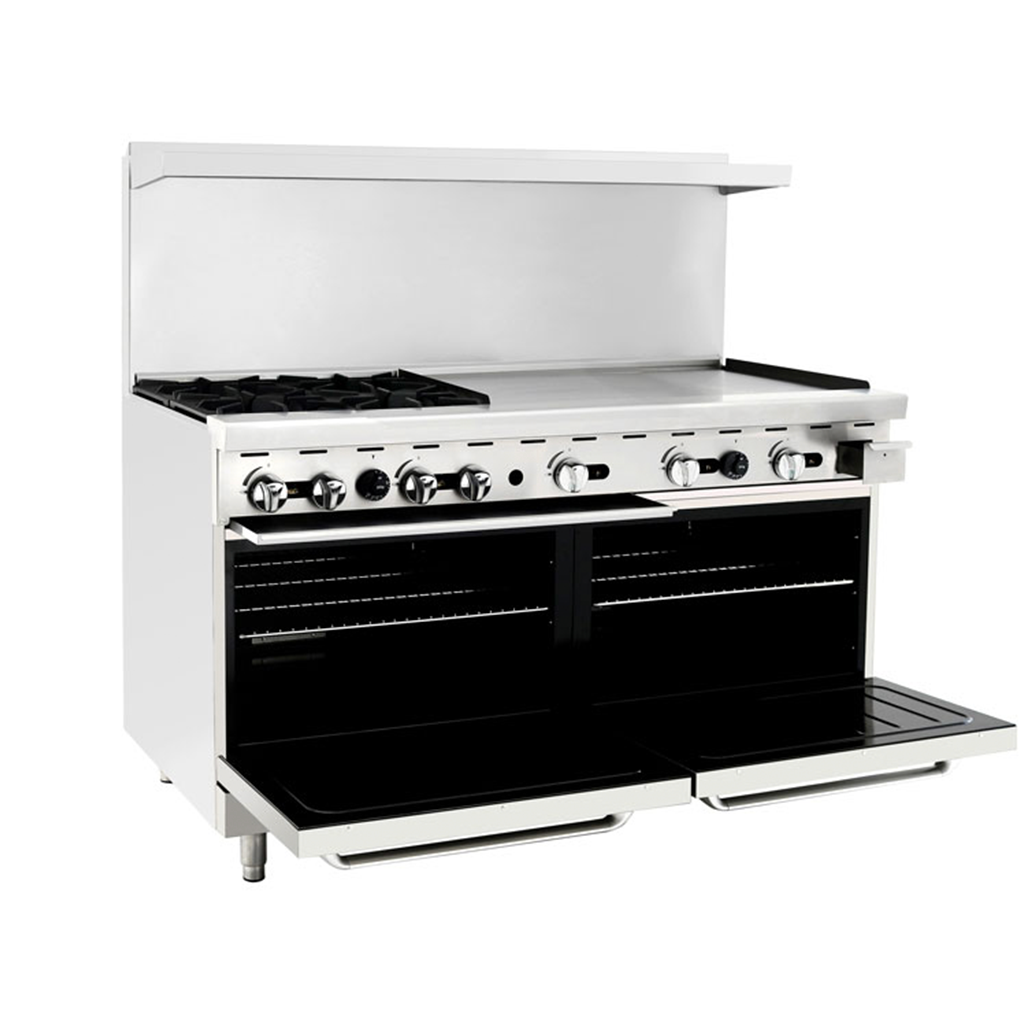 Atosa AGR-4B36GR-LP 60″ Liquid Propane Gas Range with 4 Burners, 36″ Right-Side Griddle, 2 Standard Ovens, Casters Included