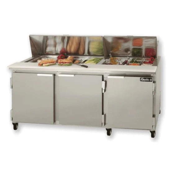 Leader ESLM72 72" Bain Marie / Sandwich Prep Table, 3 Doors, 21.2 Cu. Ft., 3 Shelves