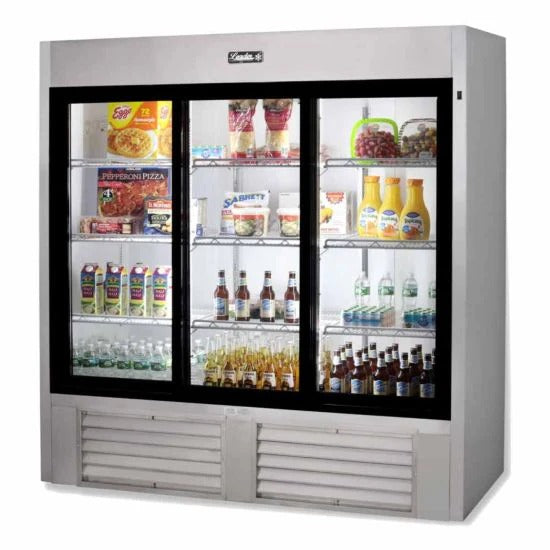 Leader Refrigeration ESLS72 72" Sliding Glass Door Merchandiser Refrigerator, Stainless Steel, 3 Doors, 12 Shelves