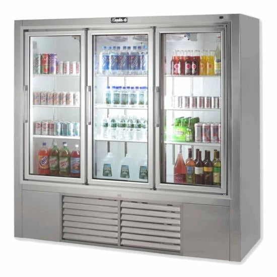 Leader Refrigeration ESPS79 79" Swing Glass Door Merchandiser Refrigerator, Stainless Steel, 3 Doors, 12 Shelves