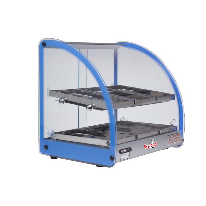 Skyfood FWD2-18B Food Warmer Display Case 18" Wide, Blue, 2 Shelves, 6 Stainless Steel Trays, Curved Glass