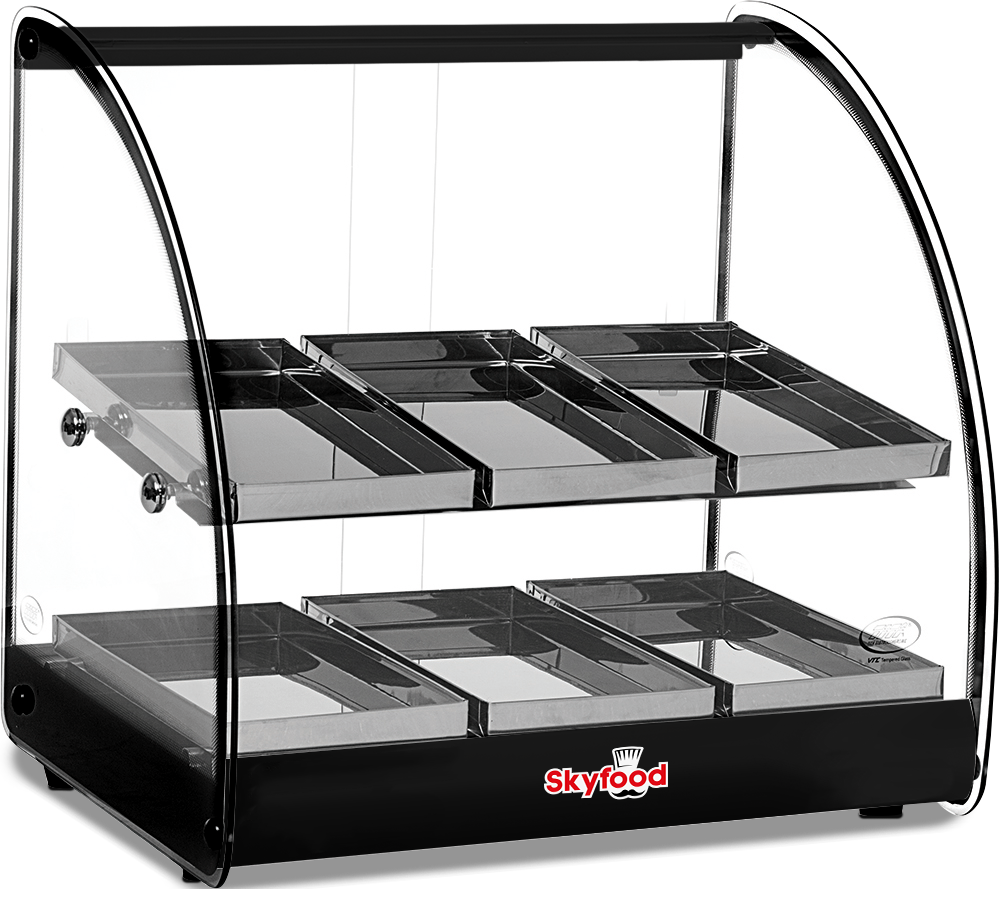 Skyfood FWD2-18BL Food Warmer Display Case Countertop, 18" Wide, 2 Shelves, 12 Stainless Steel Pans, Curved Glass, Black