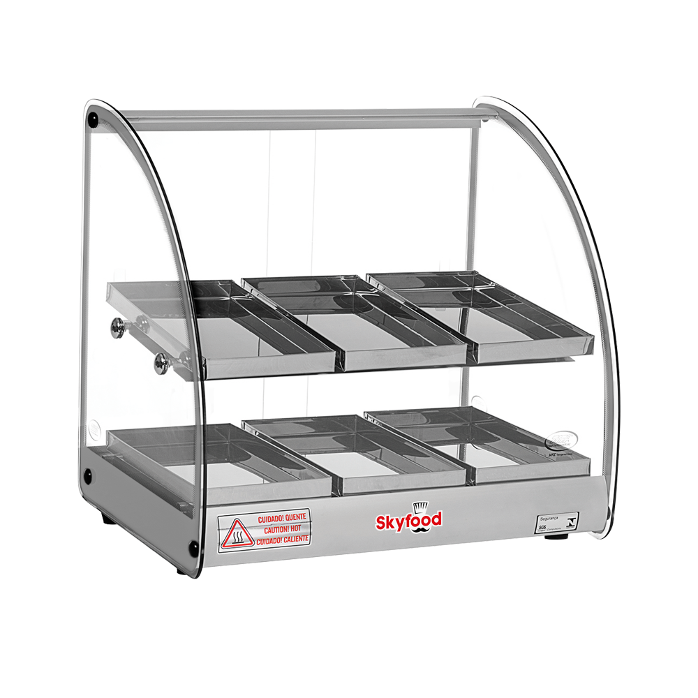 Skyfood FWD2-18G Food Warmer Display Case Countertop, 18" Wide, 2 Shelves, 6 Stainless Steel Trays, Curved Glass, Gray