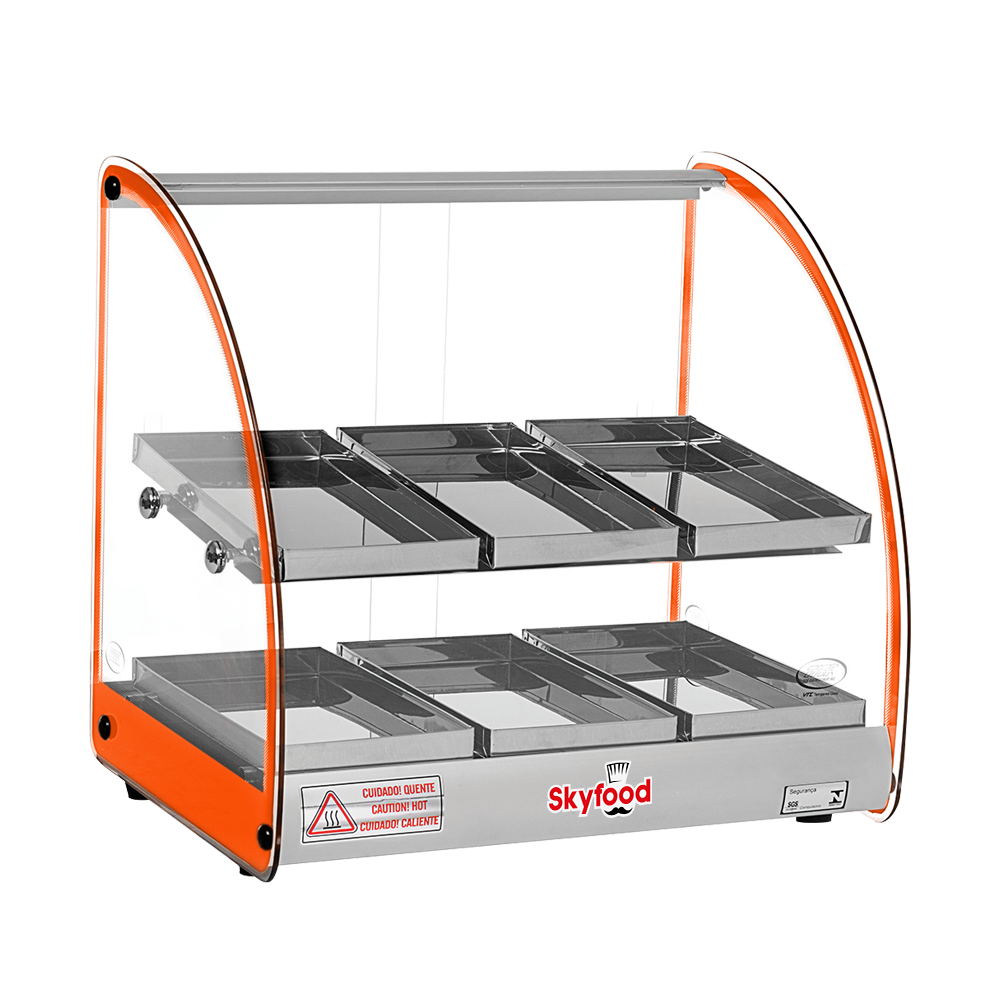 Skyfood FWD2-18O Food Warmer Display Case Countertop, 18" Wide, 2 Shelves, 6 Stainless Steel Trays, Curved Glass, Orange