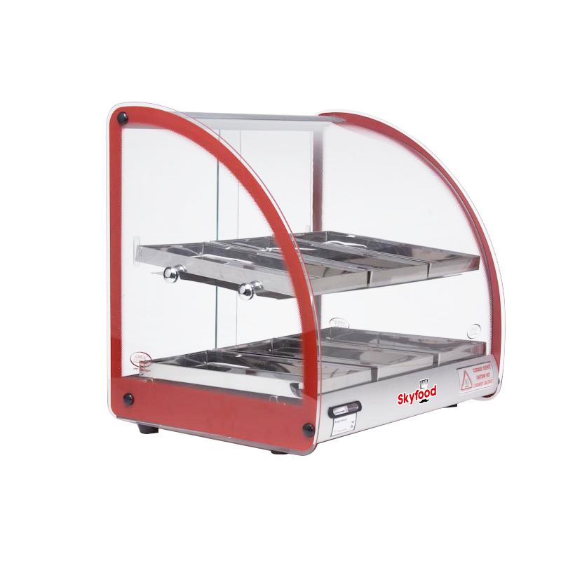 Skyfood FWD2-18R Food Warmer Display Case Countertop, 18" Wide, 2 Shelves, 6 Stainless Steel Trays, Curved Glass, Red