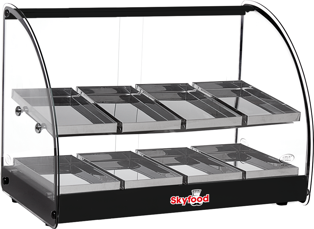 Skyfood FWD2-24BL Food Warmer Display Case Countertop, 24" Wide, 2 Shelves, 16 Stainless Steel Pans, Curved Glass, Black