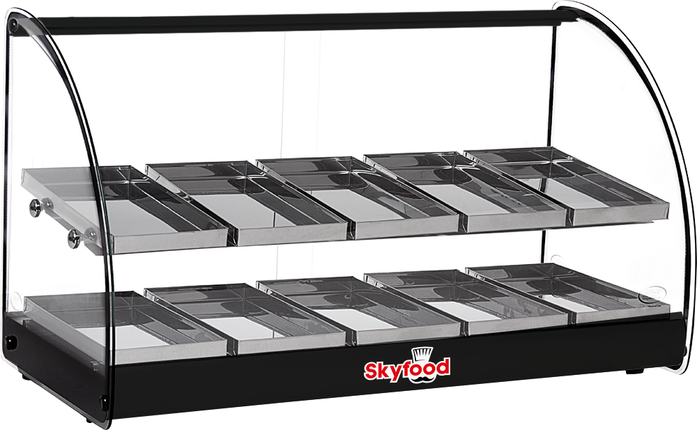 Skyfood FWD2-30BL Food Warmer Display Case Countertop, 30" Wide, 2 Shelves, 20 Stainless Steel Trays, Curved Glass, Black